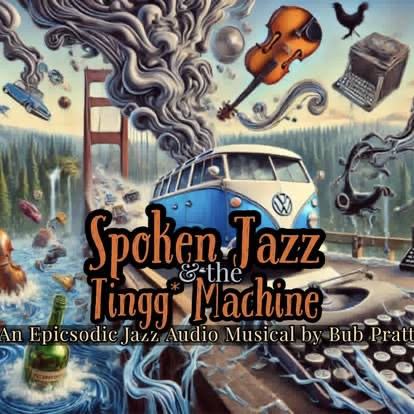 Cover art: a Volkswagen bus, a typewriter, a black rooster and the Puget Sound